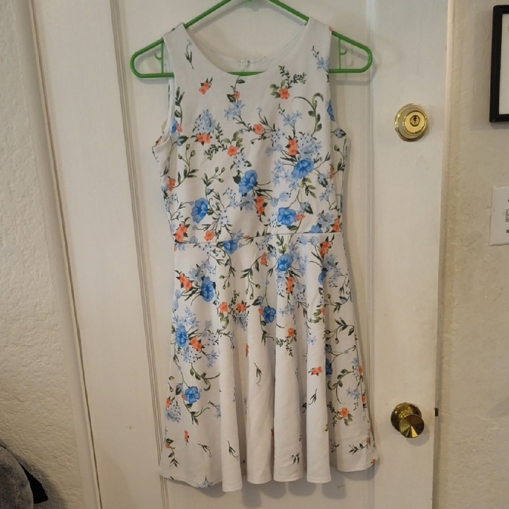 Rare Editions | White Dress with Blue and Orange Floral Pattern